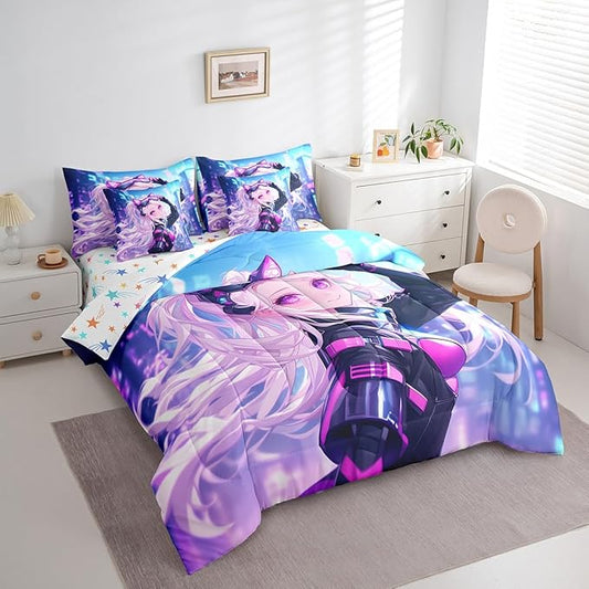 7 Piece Girls Japanese Anime Bedding Set King, Kawaii Anime Girl Comforter Sets Cartoon Girl Bed In A Bag For Kids Teens Adult Women, Japanese Animation Sci Fi Style Sheet Sets With Comforter