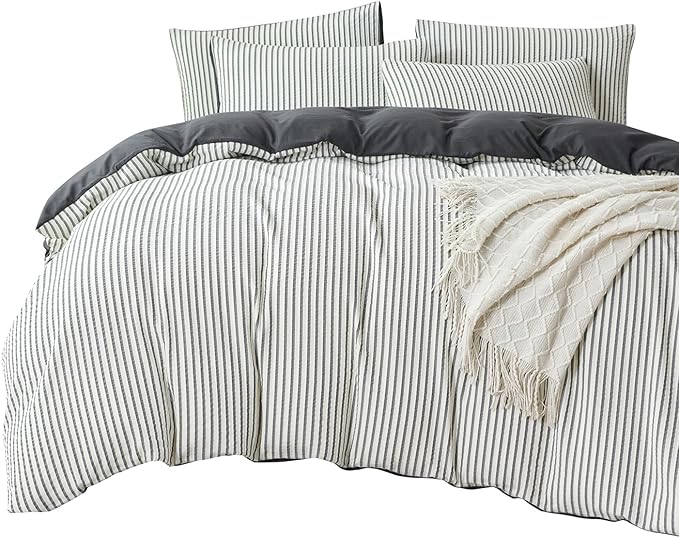Dark Grey Comforter Set Queen Striped Washed Microfiber 3 Pieces Jacquard Bedding, White & Grey Vertical Ticking Stripes Comforter with 2 Pillowcases, Luxury Soft Breathable Durable Comfy