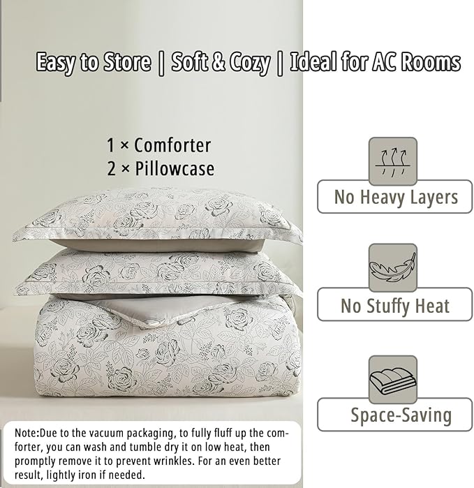 Vintage Botanical Cotton Comforter Queen Size 3PC - Elegant Floral Sketch on Ivory White with Tan Herringbone Reverse – Reversible Lightweight Comforter Set with Soft Fill(90"×90")