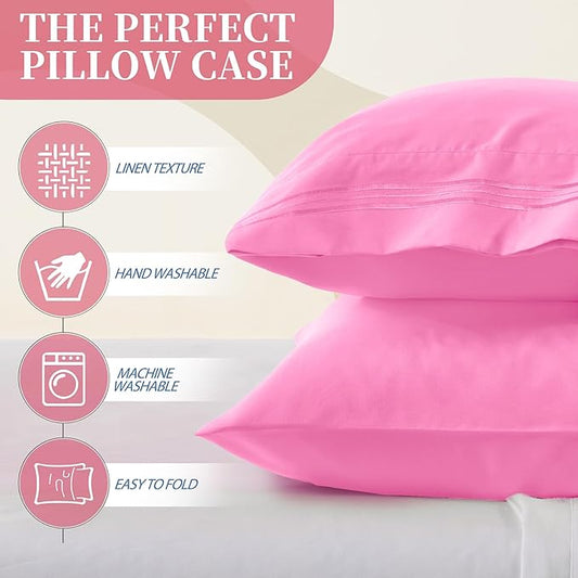 Vonty 2 Pack Standard Pillow Cases - 20x26 Inch, 1800 Thread Count Microfiber Pillowcases Standard Size Pink Pillow Cases Luxury & Soft Embroidered Bed Pillow Covers with Envelope Closure