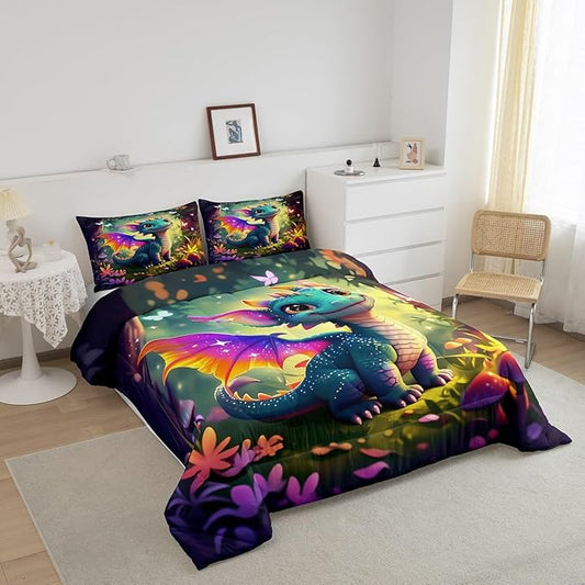 Cute Dragon Comforter Set Twin Size Mushroom Floral Butterfly Bedding Set Bedroom Decor for Kids Boys Girls Fantasy Purple Orange Wings Dragon All Season Blanket Gift Dragons Lover Son Birthday,2Pcs