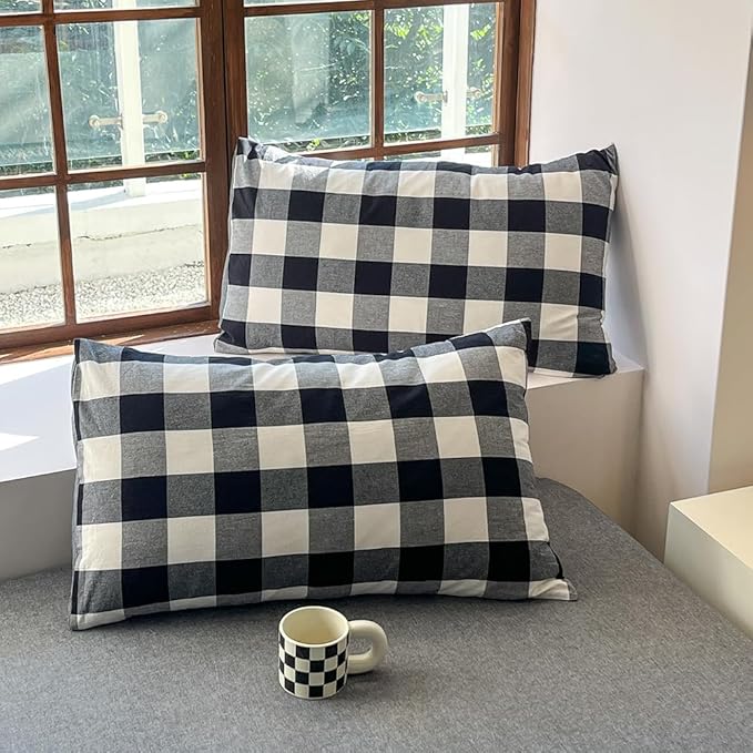FACE TWO FACE Bedding Duvet Cover Set100% Washed Cotton Duvet Cover Linen Like Textured Breathable Durable Soft Comfy (Full, Black and White Grid)