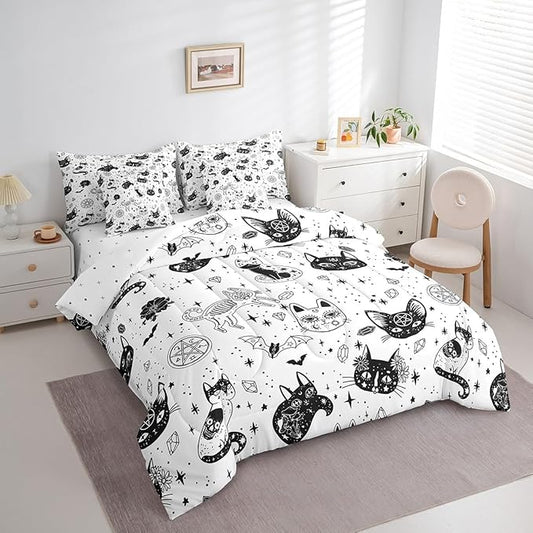 Cat Skeleton Bedding Set,Black White Wildlifes King Comforter Set with Sheets for Kids Boys Girls Teens Room Decor,Mysterious Constellation Bed in a Bag 7 Piece for Bedroom Living Room
