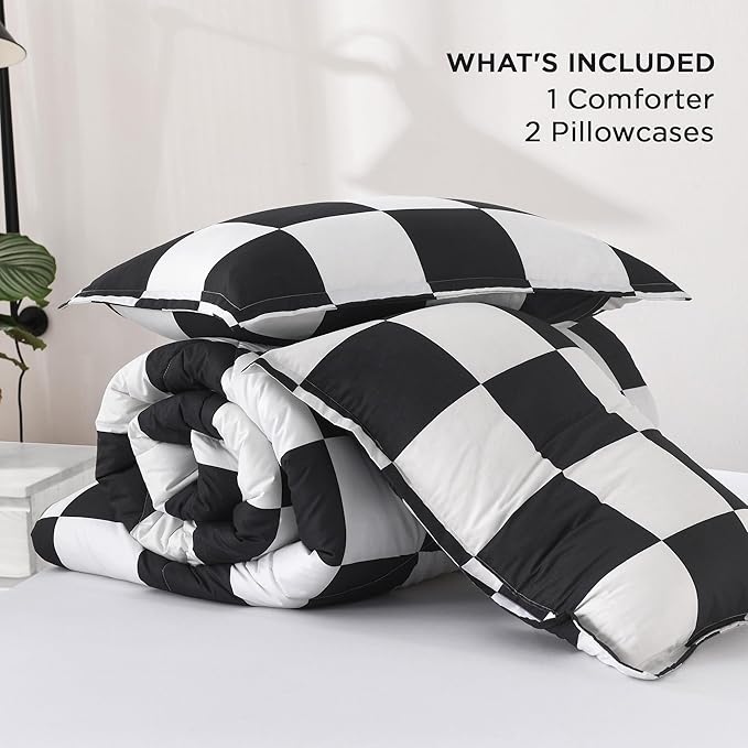 Andency Checkered Comforter Twin(66x90Inch), Black White Plaid Gingham Bed Set for Teen Boys Kids, Lightweight Polyester Geometric Preppy Bedding, 2 Pieces