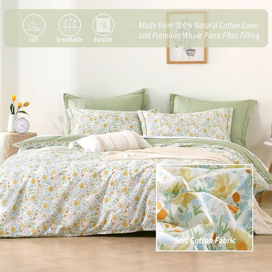 Floral Cotton Comforter King Size 3Pcs - Yellow and Blue Tiny Flowers & Little Lambs on White, Sage Green Back, Reversible Lightweight Bedding Sets with Soft Fill(King, 104"×90")