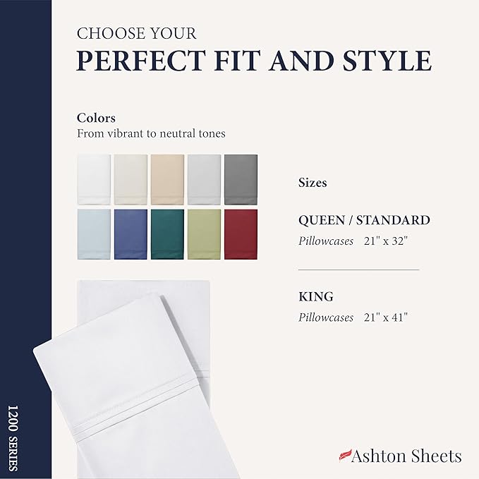Ashton Sheets 100% Egyptian Cotton Pillow Cases King Size Set of 4 - Luxury 1200 Thread Count Sateen White Pillow Covers, Soft & Breathable 5 Star Hotel-Quality Pillowcases, Fits King Size Pillows