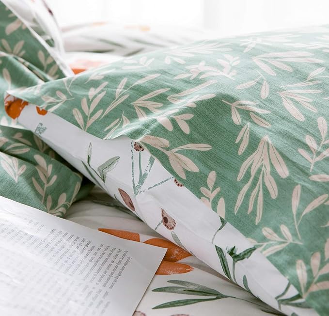 SLEEPBELLA Duvet Cover Set 600 Thread Count Cotton Bedding Set (Full, White&Green Floral)