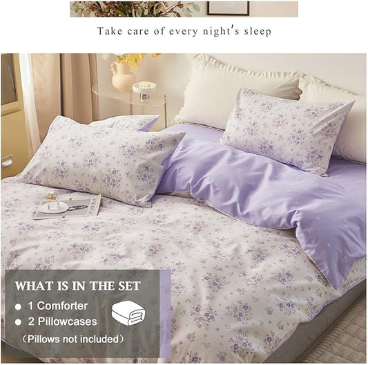 VM VOUGEMARKET Full Comforter Set Cottagecore White Lilac Floral Botanical Comforter with 2 Pillow Shams,Lightweight Garden Flower Bedding Set for Girls Women