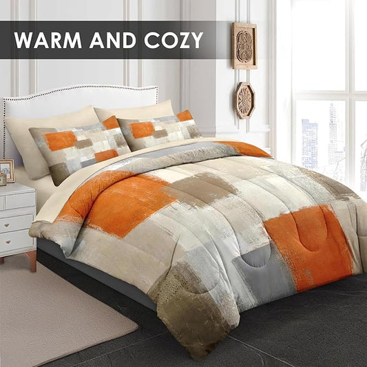 Comforter Set Queen Size, Beige Grey Abstract Painting 7 Pcs Bedding for Kids and Adults, Orange Gray Contemporary Bed Sheet Sets with Fitted Sheet 2 Pillowcase & 2 Sham for Bedroom Bed Decor