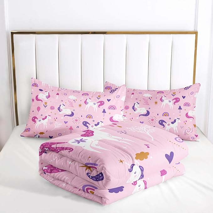 Unicorn 3 Piece Girl Bedding Set Pink Unicorn Bedding Set for Kids,Unicorn Comforter Set Girls Room Decor,Rainbow Clouds Star Quilt Set for Girls (1 Comforter 2 Pillowcase),All Seasons