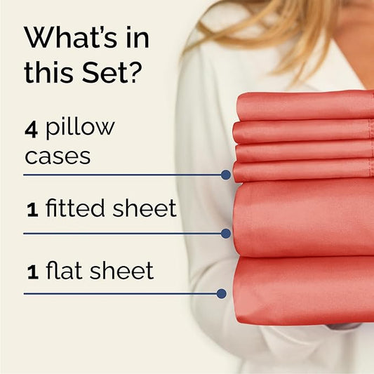 Cal King 6 Piece Sheet Set - Comfy Breathable & Cooling - Ultra-Soft Hotel Luxury Bedding Set with 8-16 Inch Deep Pockets - 1 Flat & 1 Fitted Sheet & 4 Pillowcases - Wrinkle Free & Easy Care - Coral