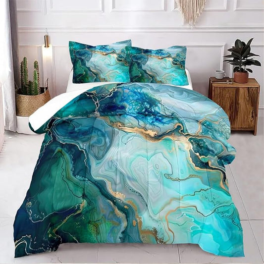 Turquoise Marble Comforter Set Queen Size Teal Blue Abstract Bedding Set Women Men Modern Aesthetic Comforters 3 Piece Gold Marbling Art Bed Sets Soft Lightweight Microfiber Comforter Sets