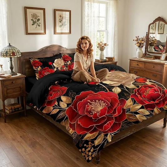 Black and Red Comforter Set Girls King Size Vintage Floral Bedding 3 Pcs Luxury Botanical Flower Quilted Comforter for Elegant Women Bedroom Decor,Red Gold/104"x90"