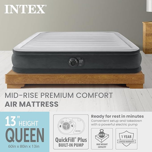 Intex Mid-Rise Air Mattress Bed with Built-in Pump, Dura-Beam Deluxe Comfort Plush, Queen - Portable Luxury Travel Airbed for Adults, Camping, Guests