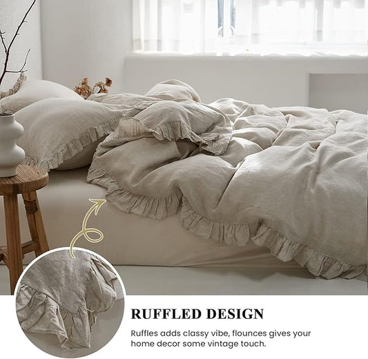 Simple&Opulence 100% Linen Duvet Cover Set, 3 PCS Natural French Flax Ruffle Duvet Cover King Size, Breathable Comfy Linen Bedding Comforter Cover with 2 Pillowcases (Natural Linen, 104" X 92")