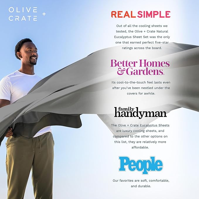 Olive + Crate Tencel Lyocell Eucalyptus California King Sheets - Cooling Tencel Sheets for Hot Sleepers with 18 Inch Deep Pocket Fit - Stone Gray 4-Piece Set