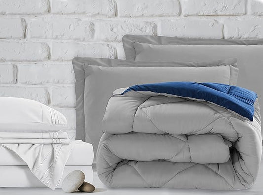 Elegant Comfort 7-Piece Bed-in-a-Bag Comforter & Sheet Set - Luxury 1500 Thread Count RV SHORT Size, Cozy Sheets and Comforter, Wrinkle and Stain Resistant, Silver/Navy