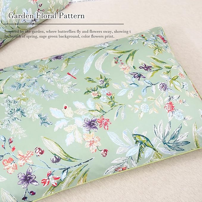 WINLIFE 100% Cotton Pillowcases Queen Size Sage Green Garden Floral & Butterflies Printed Pillow Cover 2 Pack, Soft Envelope Closure Decorative Pillow Case Set (Queen, 20"x30")