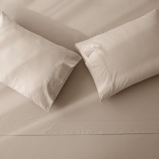 JIYUAN Queen Size Sheet Set, 4-Piece - 100% Washed Cotton, Linen-Like Soft & Breathable, Includes Deep Pocket Fitted & Flat Sheet with 2 Pillowcases, Hotel Quality, Heathered Tannish Linen Grey