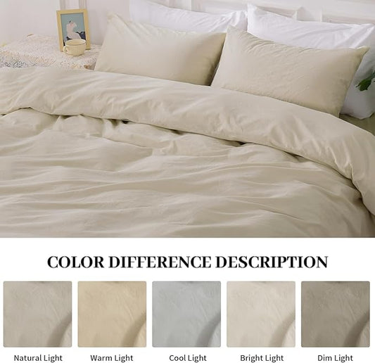 NEXHOME PRO Duvet Cover Set 100% Washed Cotton Oversized King 120"x98" Linen Feel Textured Organic 3 Pieces Bedding Set with Zipper Closure and Corner Ties, Breathable(Cream Grey, No Comforter)