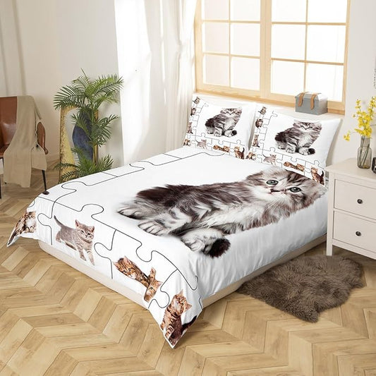 3D Cats Print Bedding Set Cute Pet Theme Duvet Cover Set Lovely Kittens Kids Comforter Cover Set Cartoon Animal Bedspread Cover Bedroom Quilt Cover 3Pcs Queen with 2 Pillowcase,No Comforter