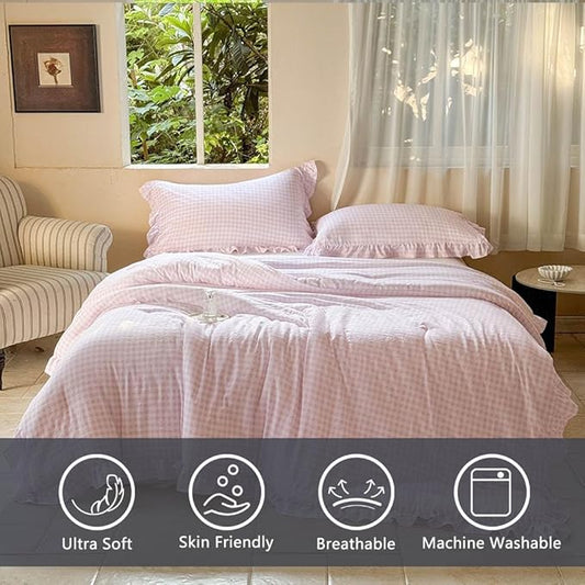 NSNLGSGC Pink Ruffle Gingham Comforter Set Queen, Pre-Washed Ruffled Plaid Checked Comforter Bedding, 3 Pieces Vintage Farmhouse Grid Bedding Set(Pink Gingham, Queen)