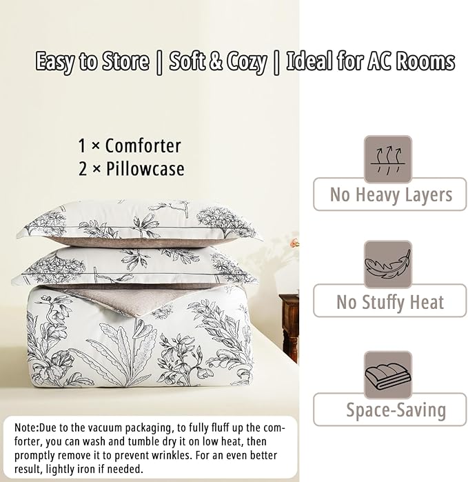 Floral Cotton Comforter King Size 3Pcs - Vintage Design with Luxurious Black Sketched Flowers & Leaves on Cream, Retro Taupe Reversible Lightweight Bedding Sets with Soft Fill(104"×90")
