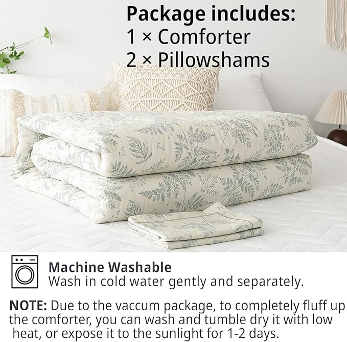 Botanical Cotton Comforter Queen Size - Dusty Green Comforter Printed with Luxurious Greyish-Green Ferns on Beige,Reversible Lightweight Bedding Sets 3Pcs(90"×90")