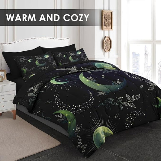 Comforter Set Queen Size, Green Boho Space 7 Pcs Bedding for Kids and Adults, Herbs Witch Floral Bed Sheet Sets with Fitted Sheet 2 Pillowcases & 2 Shams for Bedroom Bed Decor