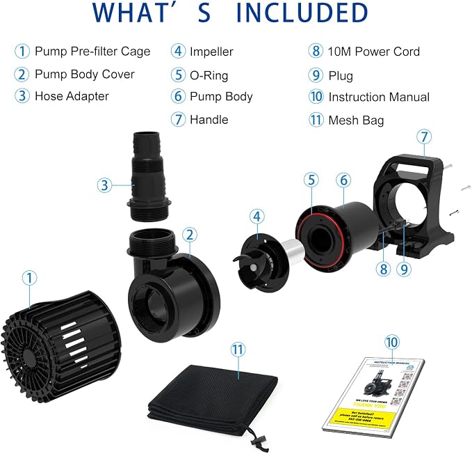 11800 GPH 850W IPX8 Large Submersible Pond Waterfall Pump | 32.8FT long power cord, smart quiet fountain pump for Koi fish, garden yard patio duck outdoor, with barrier filter bag