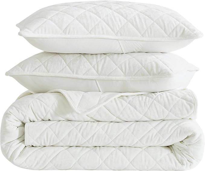 Chezmoi Collection Lux Cream White Velvet Quilt Oversized King Set, 3-Piece Plush Distressed Velvet Bedding All Season Lightweight Comforter Brushed Microfiber Reverse with Diamond Stitch Quilting
