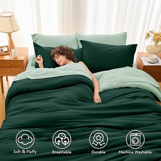 MUXHOMO 7 Pieces Full Comforter Set, Soft Bed in a Bag Full Size, All Season Bedding Set with Comforter, Flat Sheet, Fitted Sheet, Pillowcases & Shams, Forest Green & Sage Green