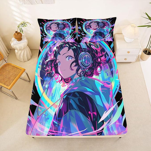 3D Anime Girl Bed Sheets American Street Culture Fitted Sheet Full for Teens Youth Girls Watercolor Graffiti Style Bedding Set Galaxy Stars Print Sheets with 2 Pillow Cases, No Flat Sheet