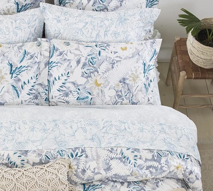 DAUAOTO Cotton Sheets Set Full Size 4 Pieces Flower Bedding Sets, Aqua Blue Floral Pattern, Up to 14" Deep