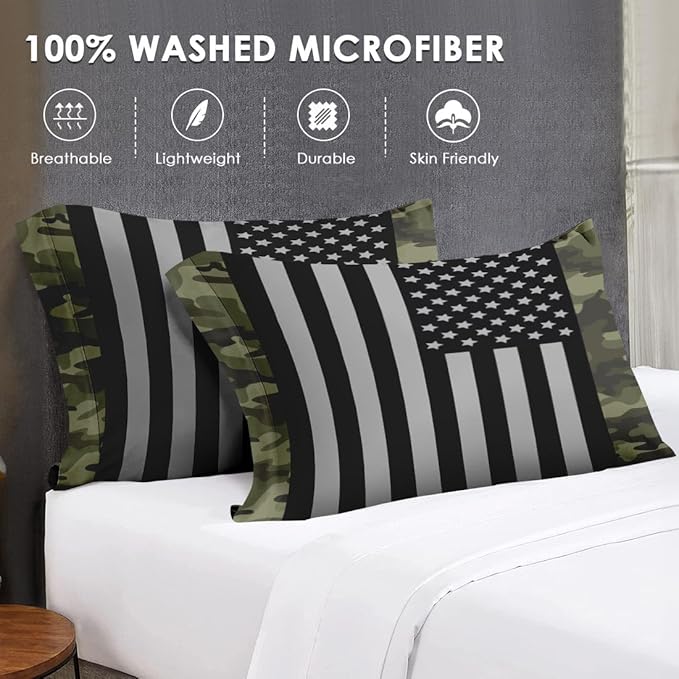 Queen Size Comforter Set with 2 Pillowcases, Black Military Camouflage American Flag Soft 3 Pcs Bedding for Kids and Adults Bedroom Bed Decor