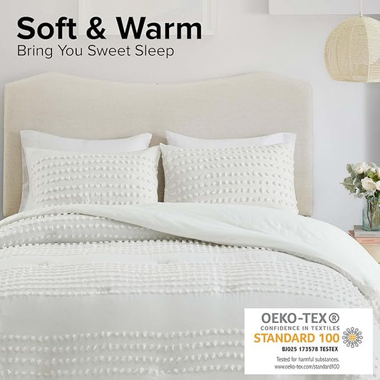 Comfort Spaces Cotton Comforter Set Jacquard Pom-Pom Tufts Design, Down Alternative, All Season Modern Bedding, Matching Shams, Twin/Twin XL, Phillips, Ivory