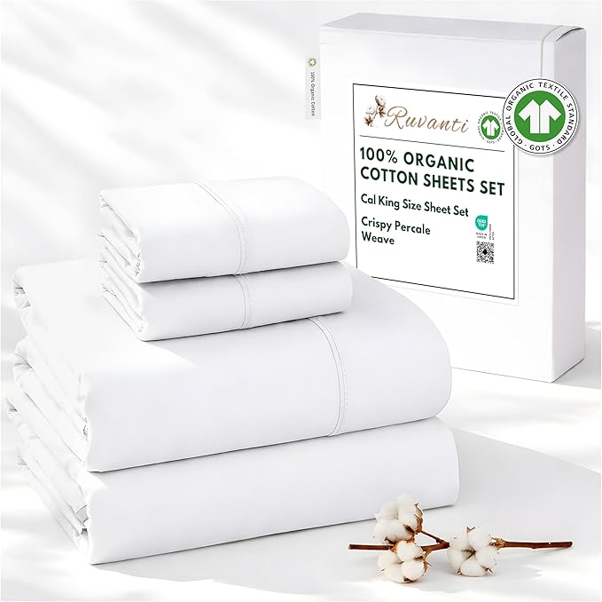 RUVANTI 100% Organic Cotton Sheets California King, Percale Weave, GOTS Certified, 4-Piece Set, Deep Pocket 13", Crisp & Breathable, Soft Durable Bedding, Sábanas Algodón Orgánico – Bright White