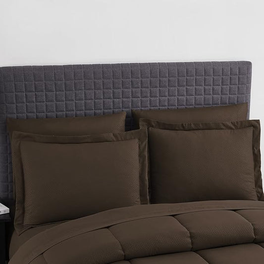 Queen Comforter Set 8 Piece Bed in a Bag with Bed Skirt, Fitted Sheet, Flat Sheet, 2 Pillowcases, 2 Pillow Shams, Queen, Checkered Chocolate