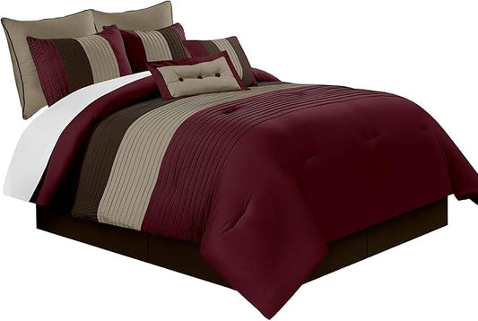 Chezmoi Collection Loft 8-Piece Luxury Striped Comforter Set (Full, Burgundy/Coffee/Brown)