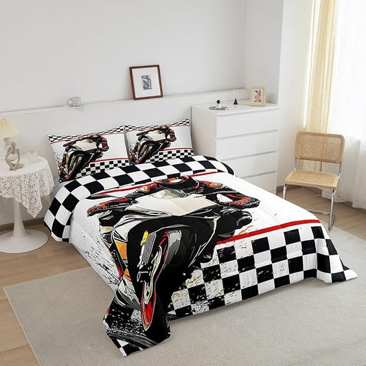Feelyou Dirt Bike Comforter Set King Size Racing Motocross Rider Comforter for Boys Girls Teens Extreme Sports Bedding Set Flag Duvet Set Room Decor Off White Quilt Set