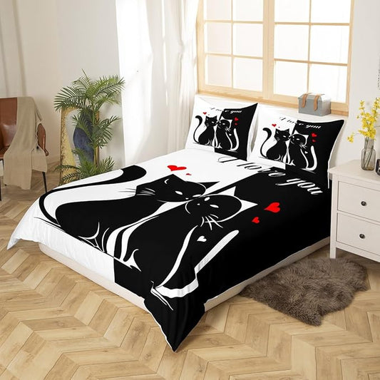 Cats Lovers Duvet Cover Twin Size,Cute Cat Valentine's Day Bedding Set for Kids Teens,Black White Couples Comforter Cover Soft Quilt Cover,No Comforter