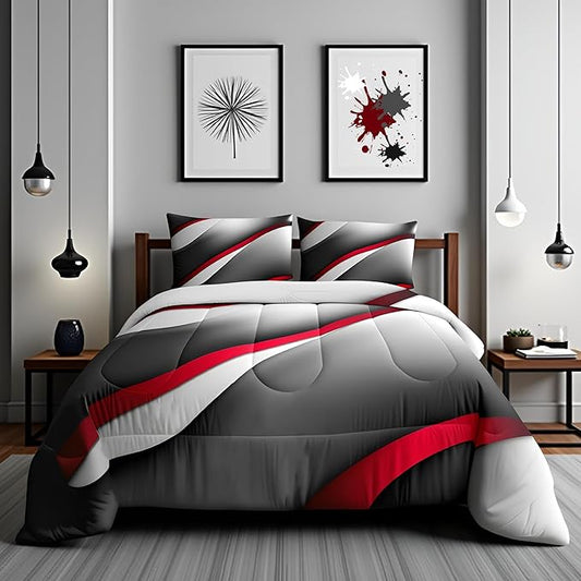 Castle Fairy Modern Gray Red Black Comforter Set Queen Size Abstract Stripes Quilt Set 3pcs for Kids Youth Men Women Bedroom Decor 3D Stripes Bedding Set Gradient Simple Duvet Insert,2 Pillowcases
