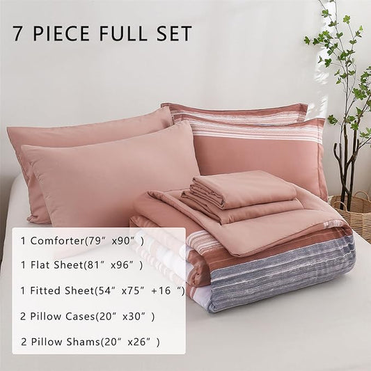 KAKIJUMN 7 Piece Bed in a Bag Stripe Comforter Set Full Size, White Grey Blush Pink Patchwork Striped Comforter and Sheet Set, All Season Soft Microfiber Complete Bedding Sets(Pink,Full)