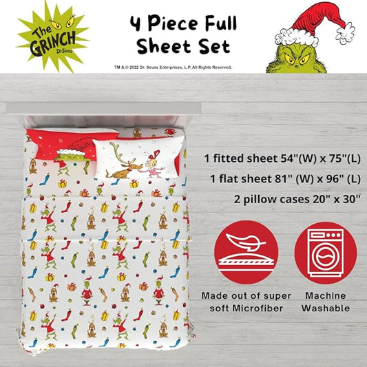 Collectibles Dr. Seuss The Grinch Holiday & Christmas Bedding Super Soft Microfiber 4 Piece Full Sheet Set, (Officially Licensed Product) by Franco