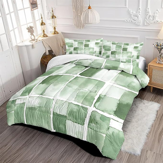 3Pcs Adults Green Geometric Checkered Bedding Set, Modern Geometric Comforter Set Queen Size, Dorm Bed Set for Bedroom Decor with Comforter (90" x 90") and 2 Pillowcases