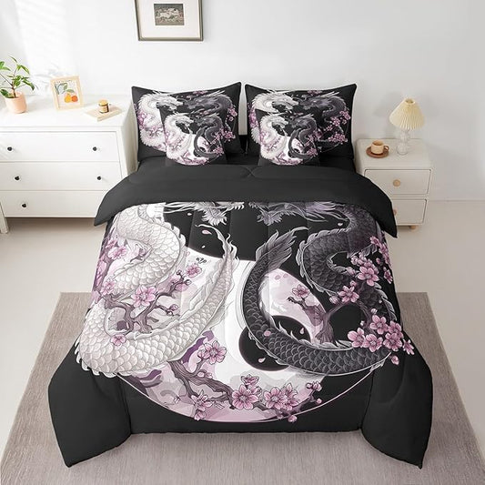 Feelyou Dragon Comforter Set 7 Pieces Queen Size Yin Yang Cherry Flower Bedding Set for Boys Girls Wildlife Bed in a Bag with Comforter, Sheets, Pillowcases & Cushion Covers