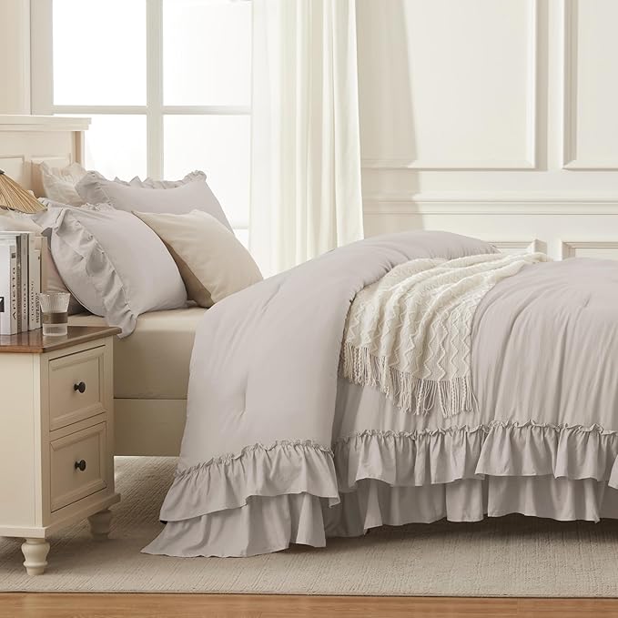 Andency Linen Grey California King Comforter Set (104x96Inch), 3 Pieces Farmhouse Shabby Chic Ruffle Bedding Sets, Lightweight Fluffy Soft All Season Bed Set
