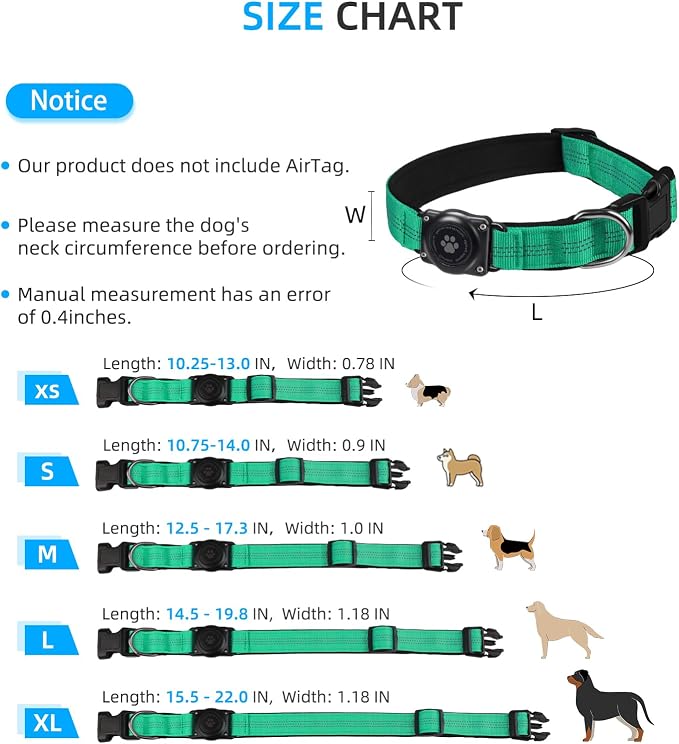 Upgrade Dog Collar with AirTag Holder, IP68 Waterproof, Teal, M | Built-in Water Resistant AirTag holder, 1000D Nylon, Reflective Stitching for Night Visibility, Soft padding for Comfort
