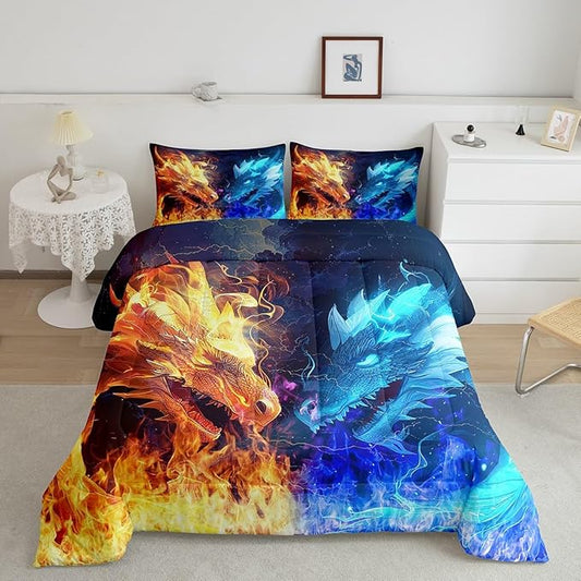 Ice Fire Dragon Comforter Set Full Size,Wildlife Pattern Bedding Set for Kids Boys Girls Room Decor,Cool Magical Style Microfiber Soft Quilt Set,Blue and Gold Animal Duvet Insert 3Pcs,2 Pillowcases