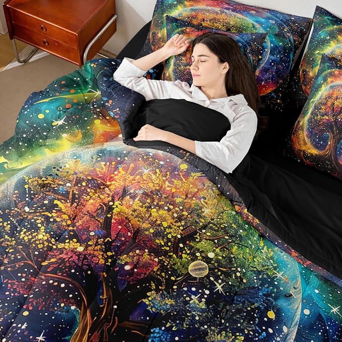 Colorful Life Tree Bedding Set,Outer Space Galaxy Starry Queen Comforter Set with Sheets for Boys Girls Teens Room Decor,Exotic Bohemia Tree of Life Bed in a Bag 7 Piece for Bedroom Living Room